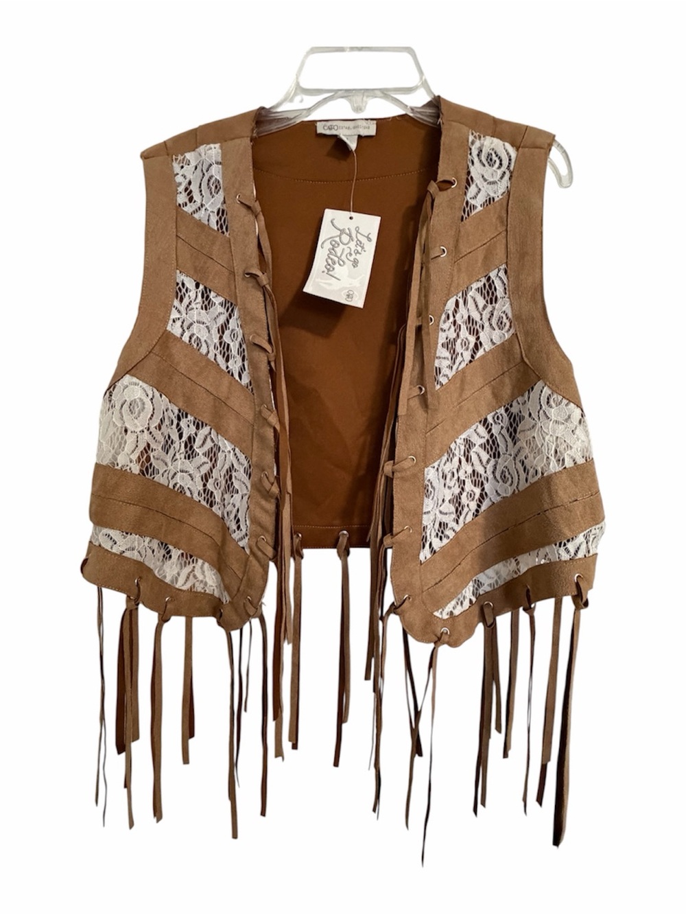 Cato Rodeo Suede Fringe Vest in Tan and White Lace Accents -NWT, L
